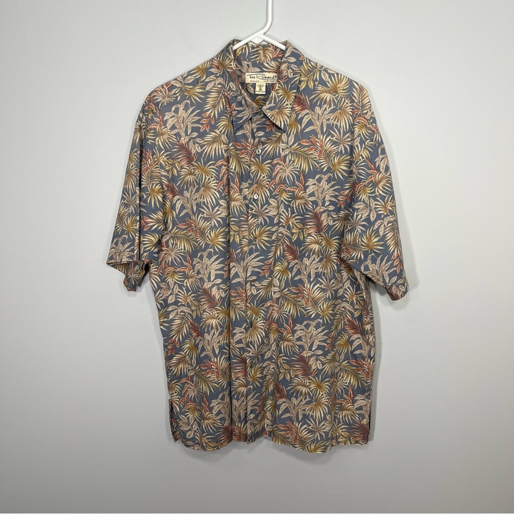 Tori Richard Shirt Mens Extra Large Blue Tan Hawaiian Palm Leaf Tropical Button